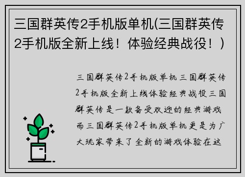 三国群英传2手机版单机(三国群英传2手机版全新上线！体验经典战役！)